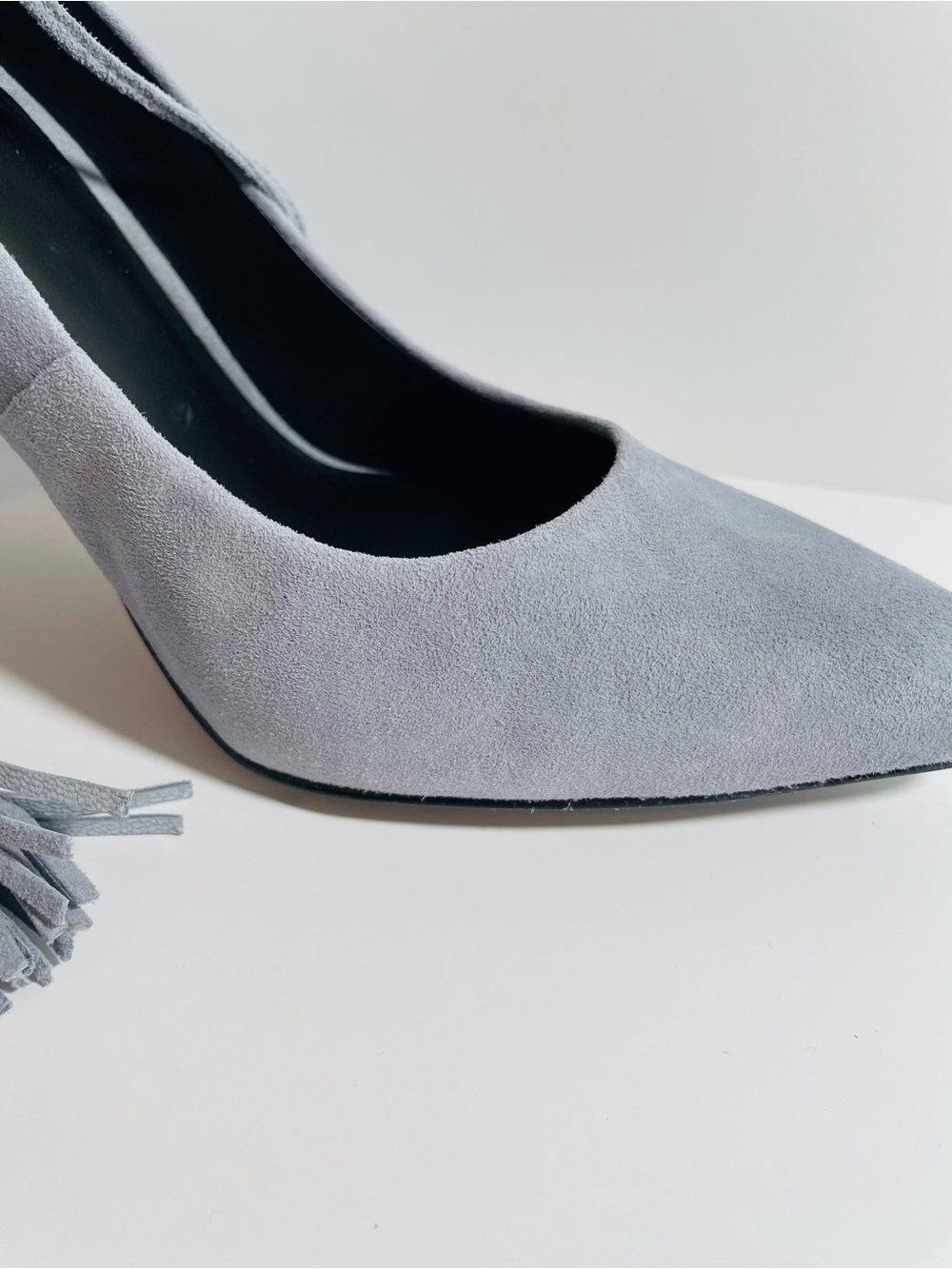 GUESS Suede Tassel Ankle-Tie Heels - Light Gray - Picture 5 of 15